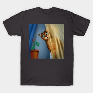 the cat looks out from behind the curtain T-Shirt